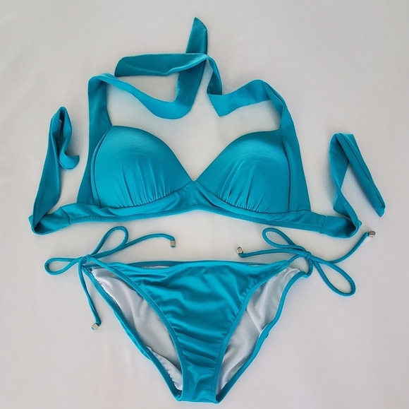 Venus Aqua Blue Bikini Set Triangle Top 32/36 Moderate Adjustable Tie Bottom 10 - Picture 1 of 8